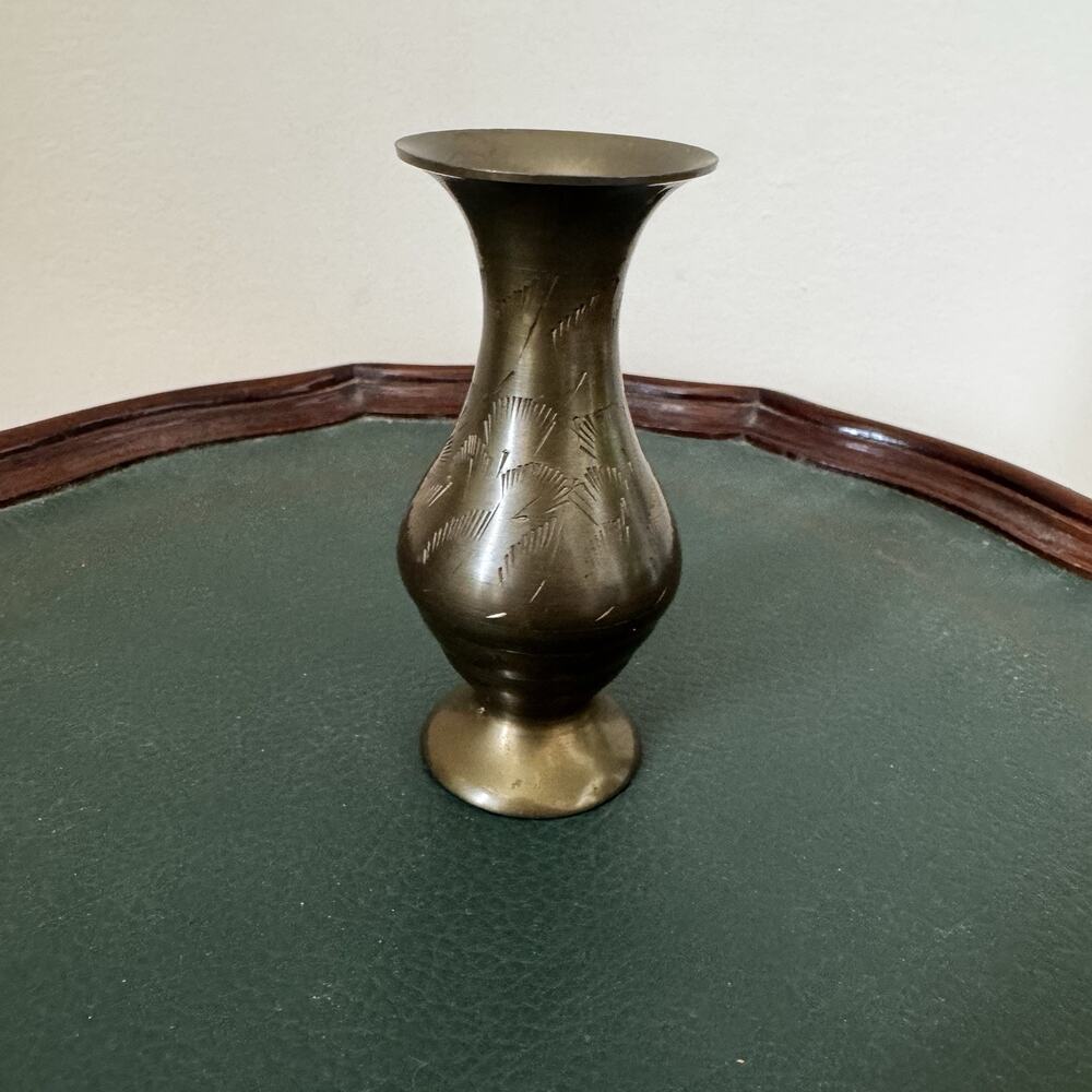 Brass Miniature Vintage Bud Vase 4" Hand Engraved Etched Design Patina Mini
